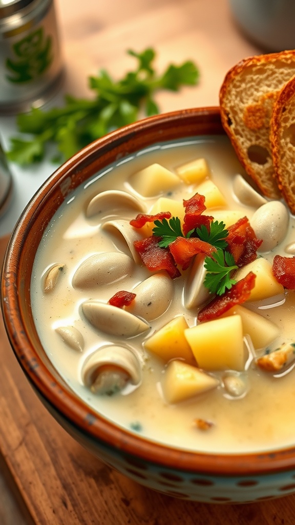 A bowl of clam chowder with clams, potatoes, bacon, and parsley, alongside crusty bread.